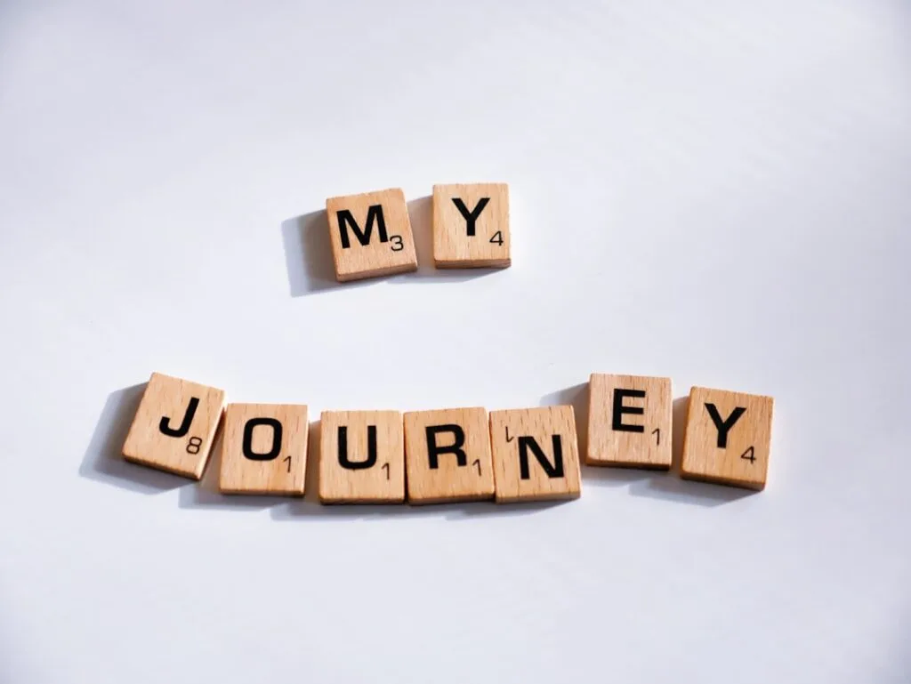 Scrabble tiles spelling "MY JOURNEY" representing the start of personal career development and job search path